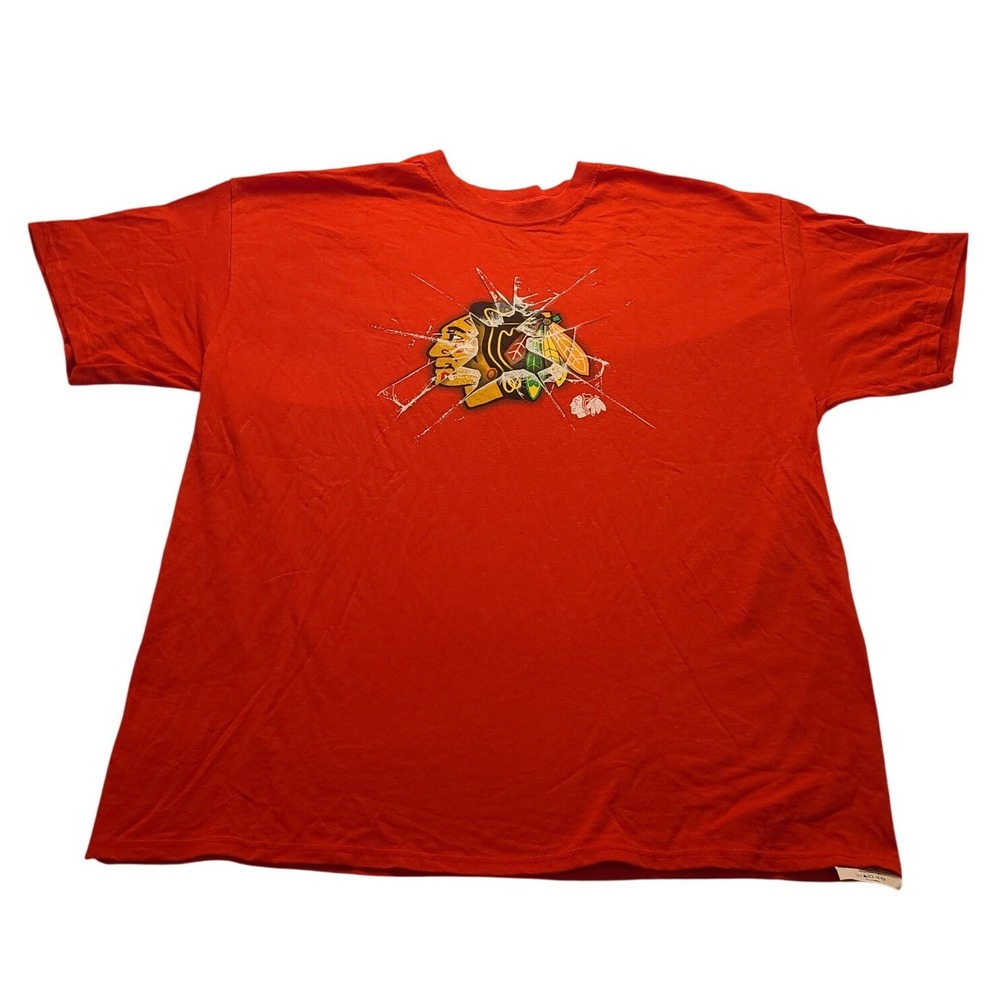 NHL‎ Chicago Blackhawks Red Shattered Glass Logo Graphic T-Shirt Mens XL